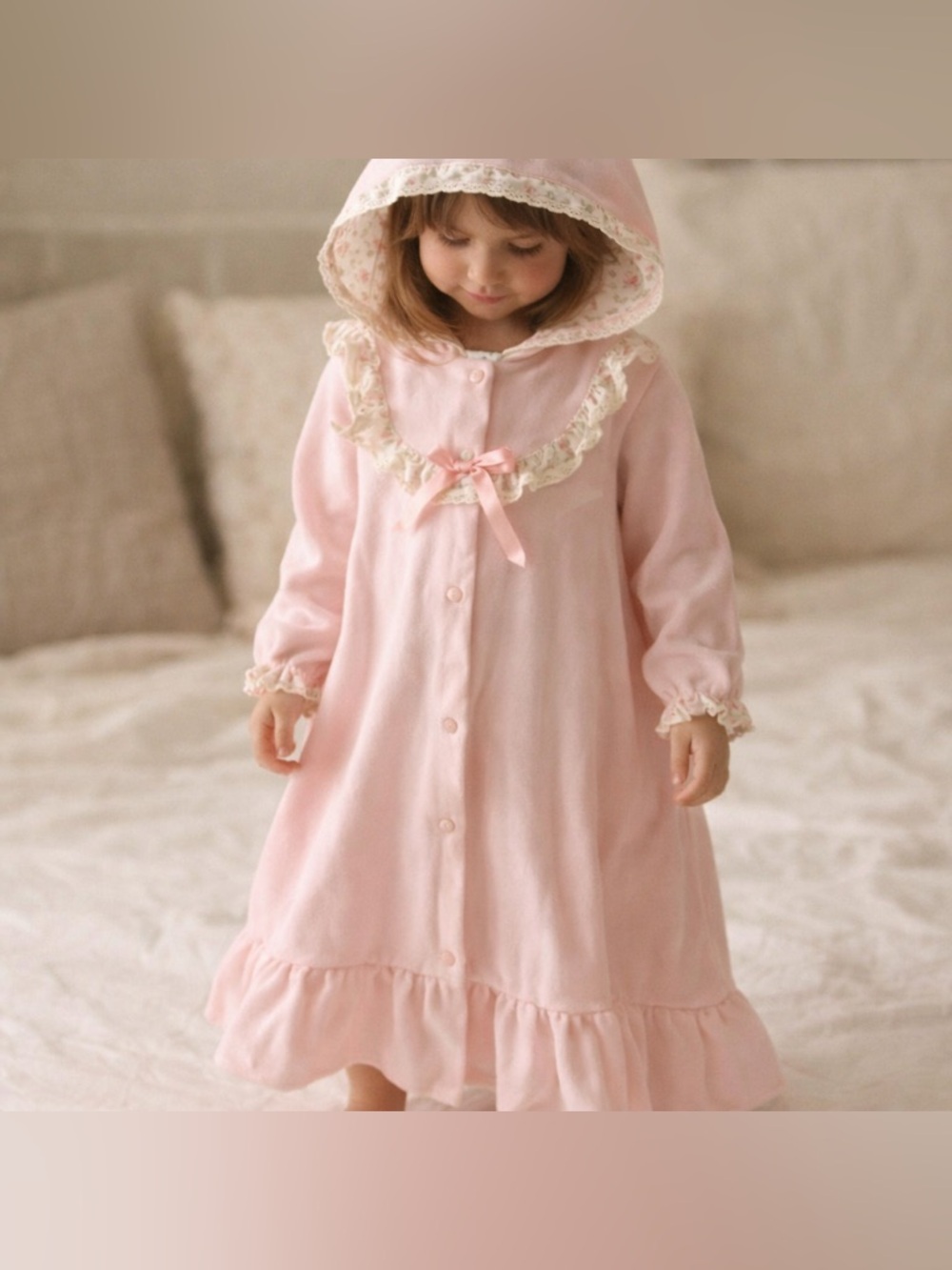 Vintage Isaacson Carrico Pink Hooded Nightgown Lace T4 Girls USA